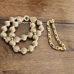 Monet Vintage Textured Ball Beaded and Chain Bracelet Set